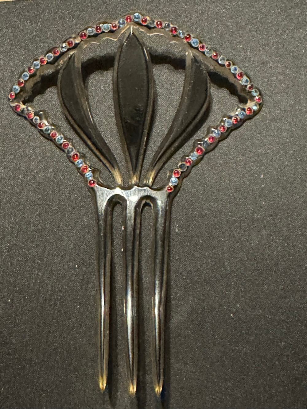 Vintage Decorative Hair Comb Spanish Fan Design Red Blue Rhinestones